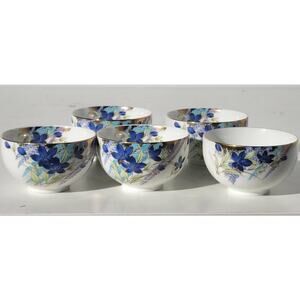Asian Vintage Set of 5 Hand Painted Porcelain Sake, Tea Cups - Blue Lotus EUC